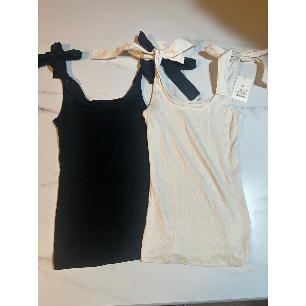 A New Day Womens Ribbed Tie Shoulder Tank Top 2 Pack Black Cream White XS NWT